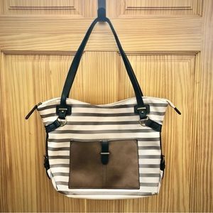 Grey-Brown Striped Purse with Brown front nonclosure pocket & black side accents